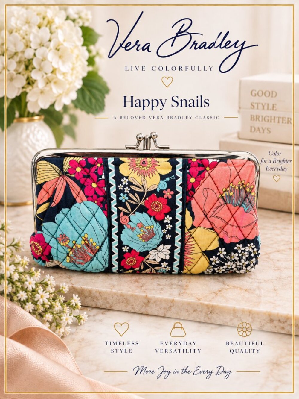Vera Bradkey Happy Snails Quilted Floral Frame Clutch Wallet in Multicolor
